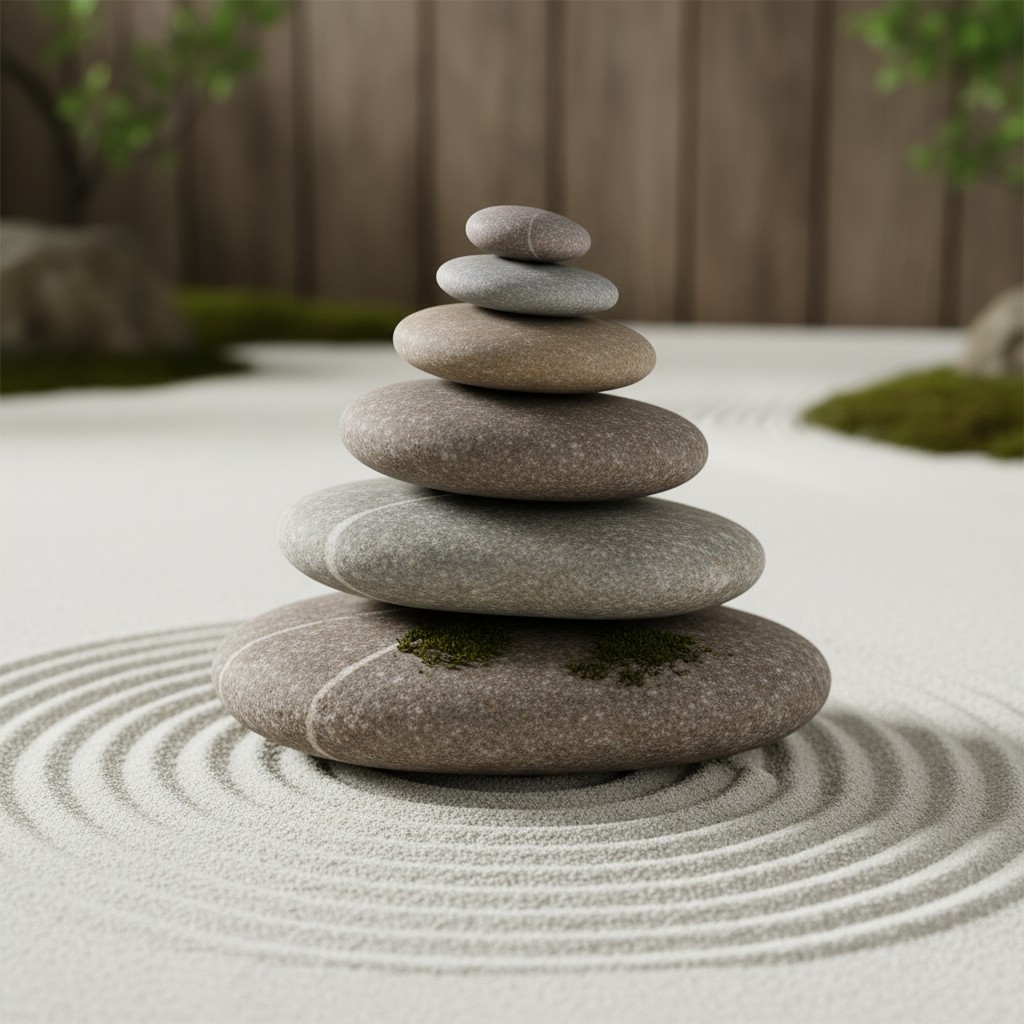 A miniature landscape: a vase of sand a few inches deep, smooth rocks, and forest and moss details.